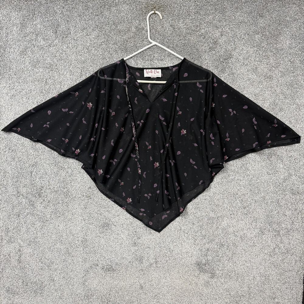 VTG 70s Route One Poncho Top Womens 10P Black Floral Sheer Whimsigoth Union Made